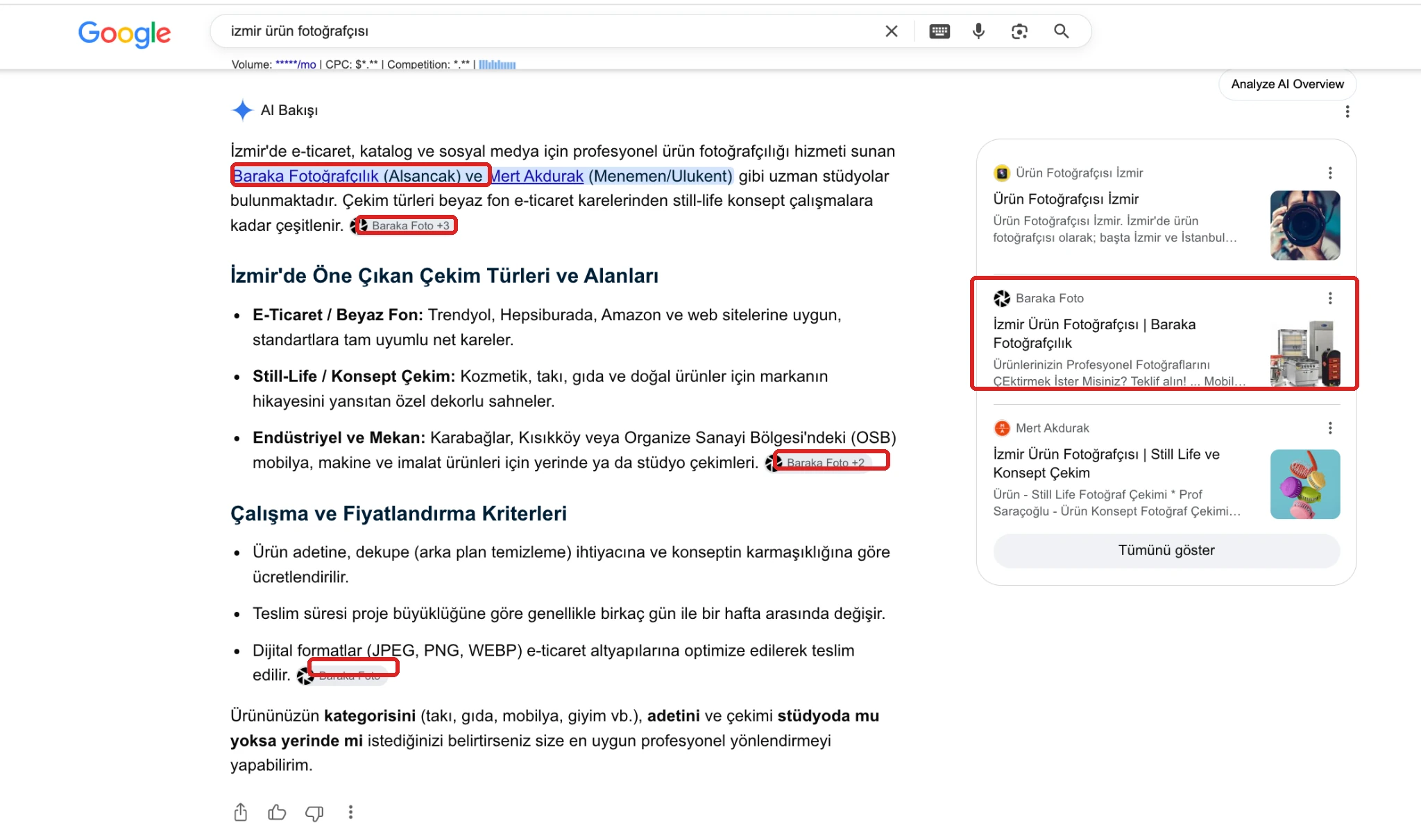 Google AI Bakışı ekranında Baraka Fotoğrafçılık görünürlüğü