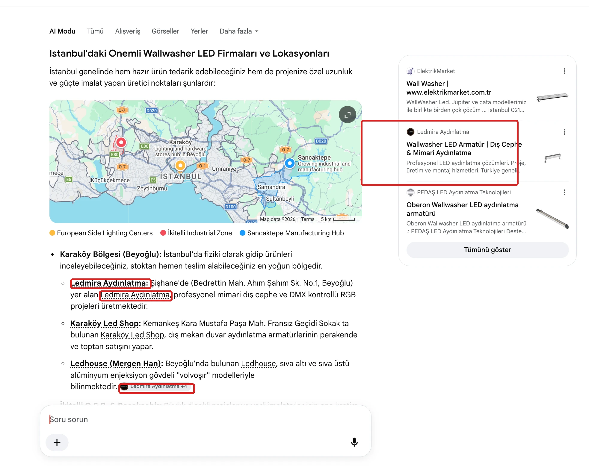 Google AI Modu ekranında Ledmira Aydınlatma görünürlüğü